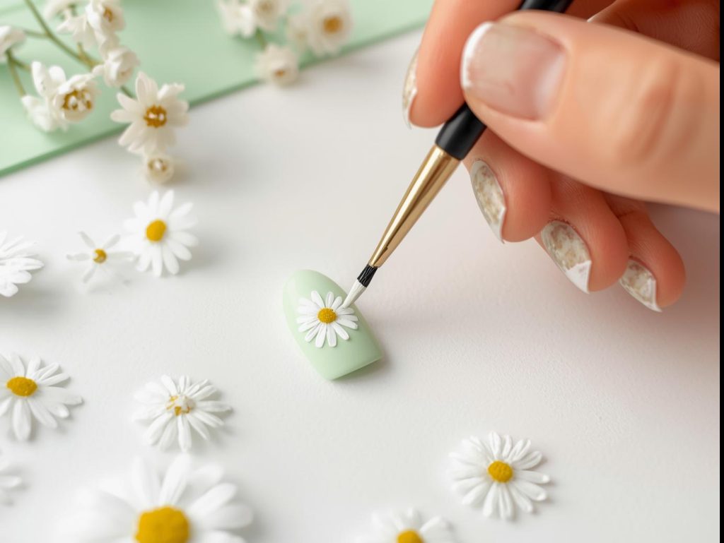 Creating soft mint green daisy nail art with white designs.
