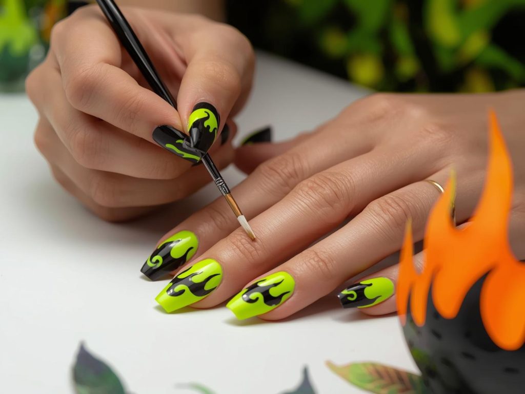 Creating neon green black flame nail art with black patterns.
