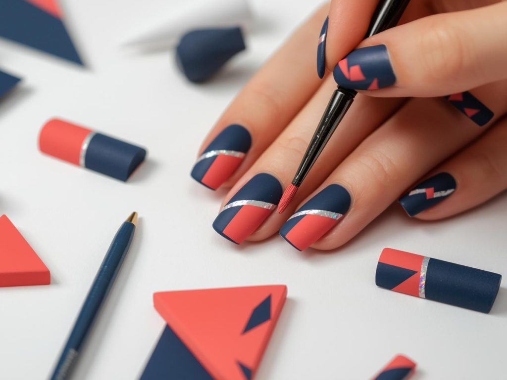 Creating matte navy and coral color block nail art with holographic patterns.