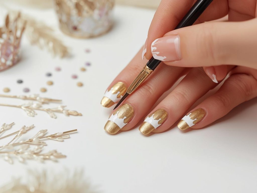 Metallic Gold Nail Designs: Opulent and Pinterest-Worthy Manicures to Adore 10 Creating polished gold white minimalist crown nail art with white patterns.