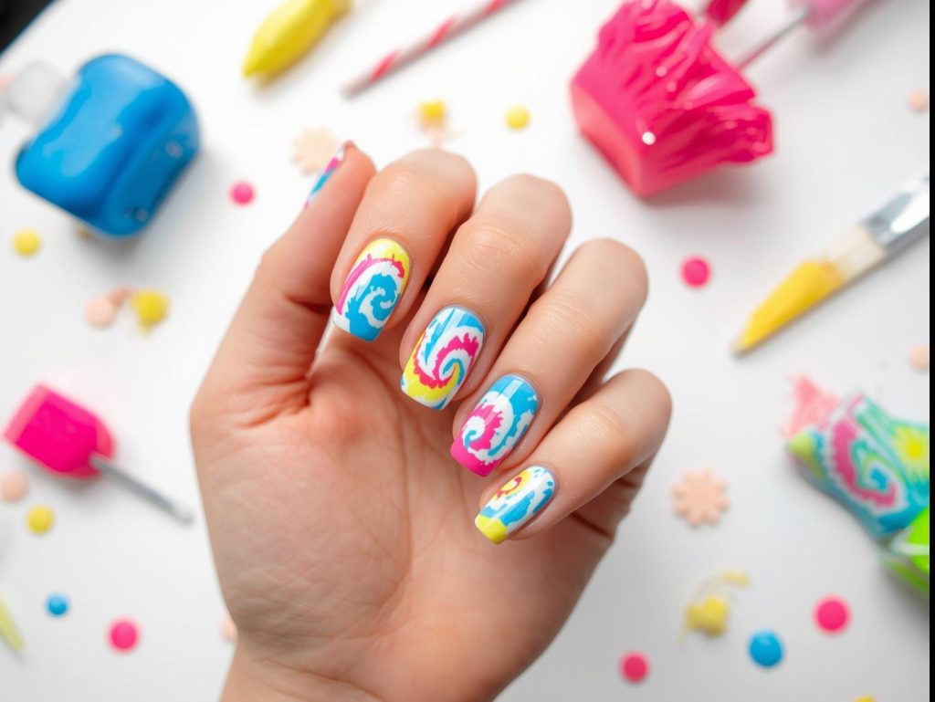 Colorful Nail Designs: Vibrant and Pinterest-Worthy Manicures to Obsess Over 10 Creating swirling tie-dye colorful nail art with blue, pink, and yellow polish
