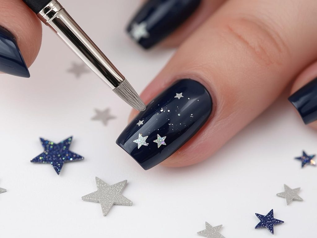 Creating deep navy holographic star nail art with holographic star patterns.