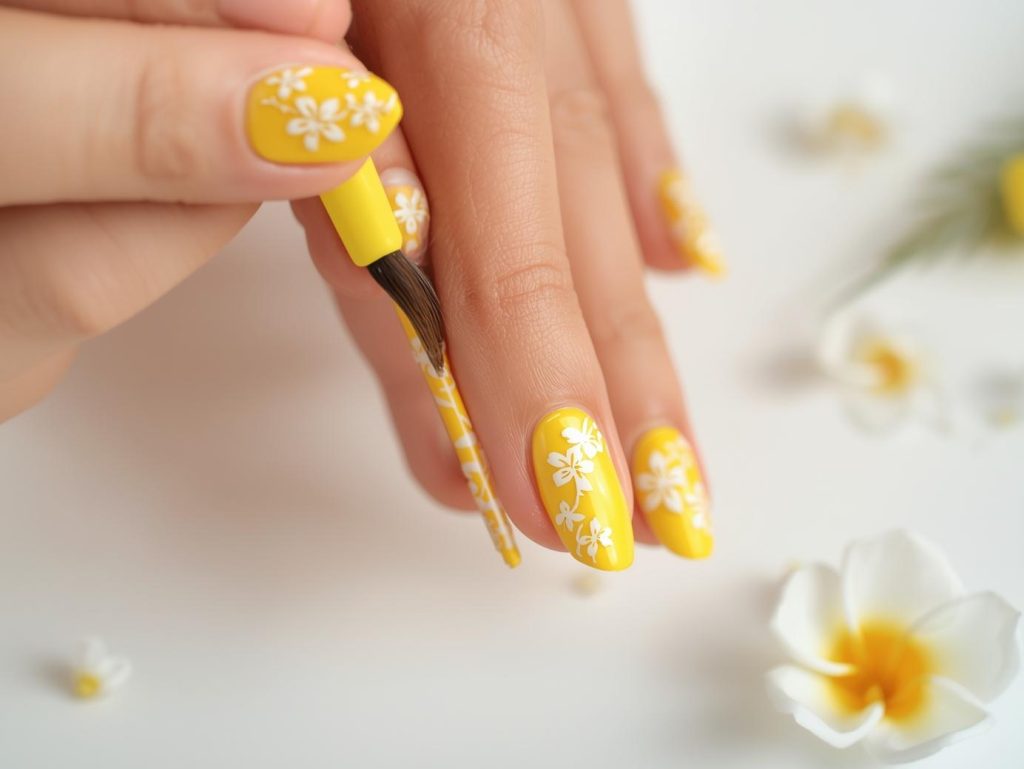 Creating electric yellow white tropical flower nail art with white patterns.