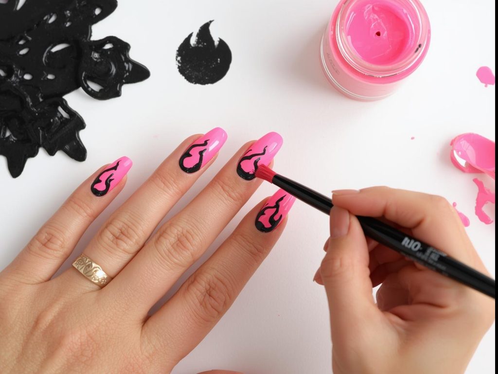  Creating bold neon pink geometric flame nail art with black patterns