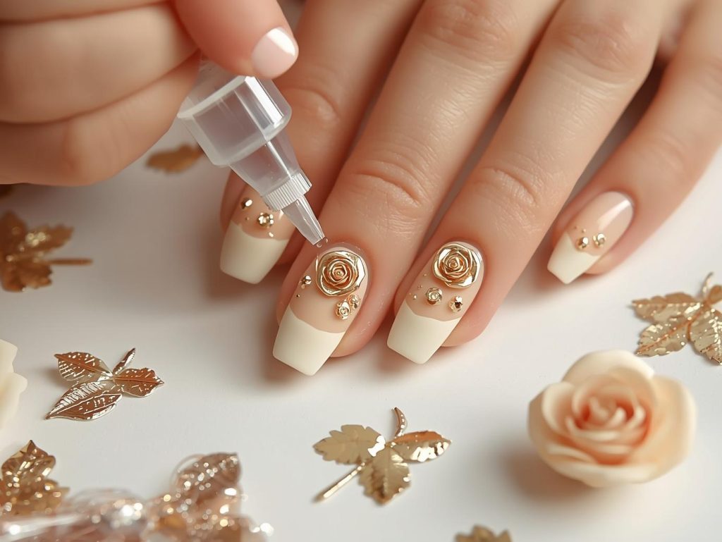 Creating creamy beige gold rose nail art with gold rose embellishments.