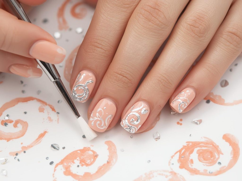 Creating soft peach silver swirl nail art with silver swirl patterns.
