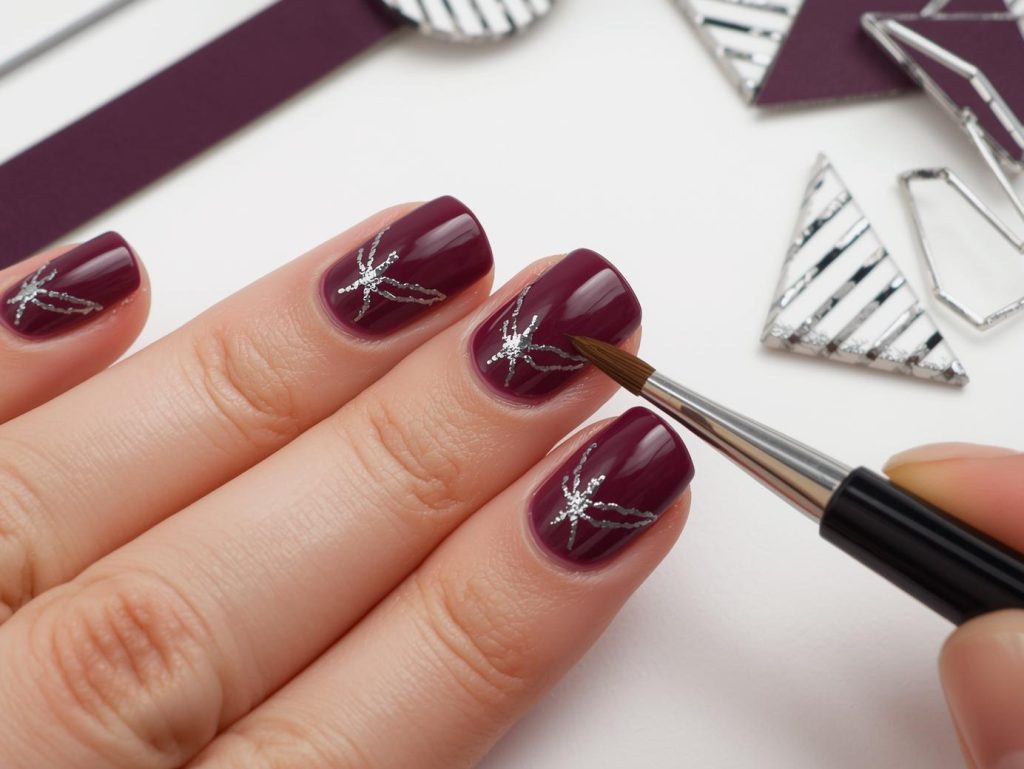 Creating deep plum silver minimalist line nail art with silver patterns.