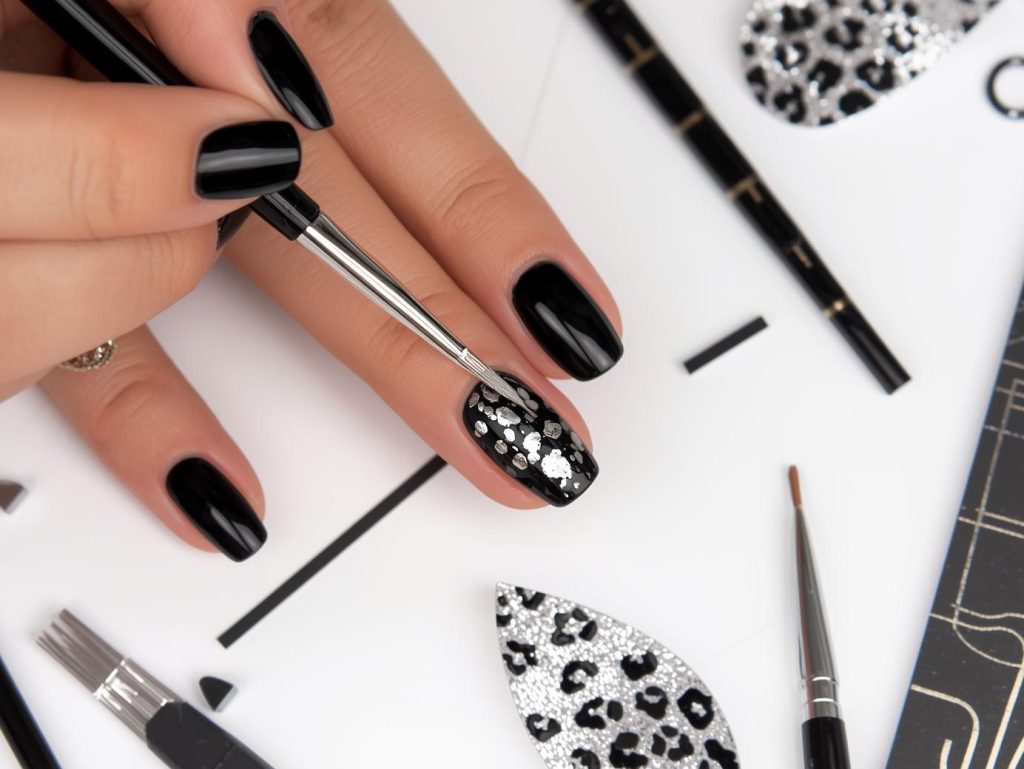 Creating glossy black silver cheetah nail art with silver cheetah patterns.