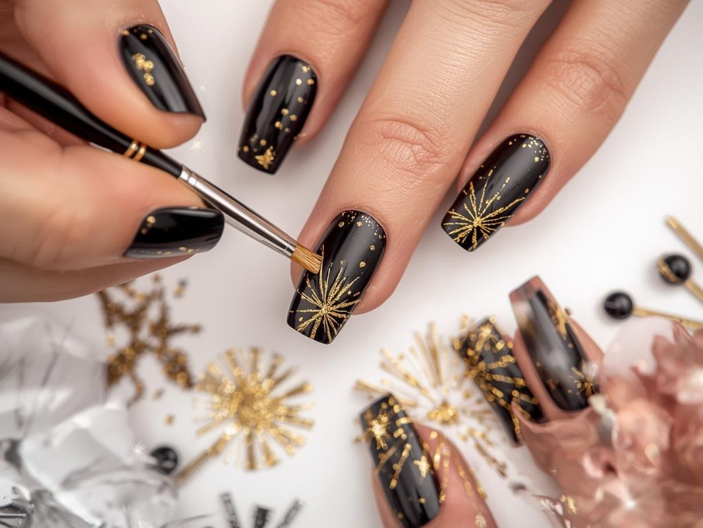 Creating glossy black gold glitter firework nail art with gold patterns.