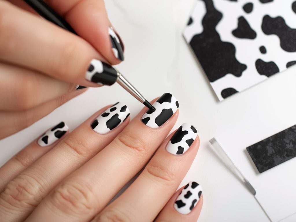 Cow Print Nail Designs: Playful and Pinterest-Worthy Manicures to Adore 10 Creating matte black white cow nail art with white cow print patterns.