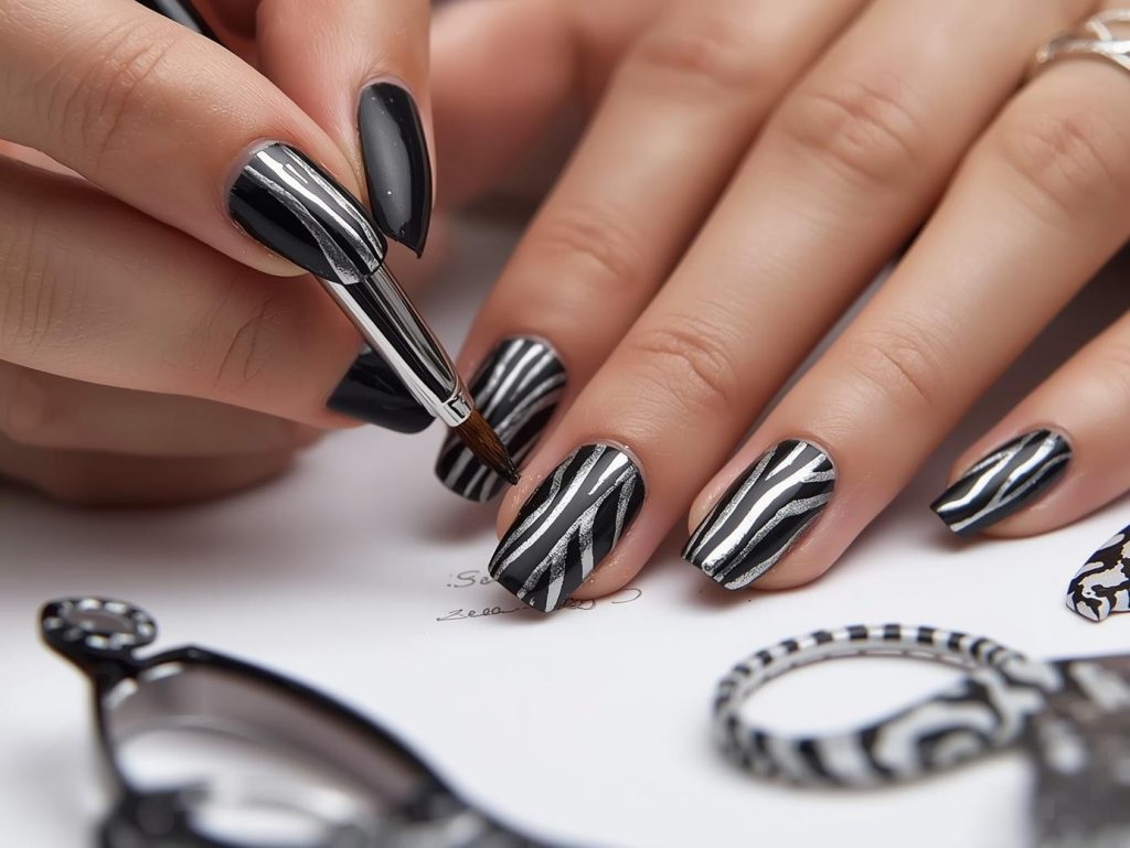 Zebra Print Nail Designs: Bold and Pinterest-Worthy Manicures to Adore 10 Creating deep charcoal silver zebra nail art with silver zebra stripe patterns.