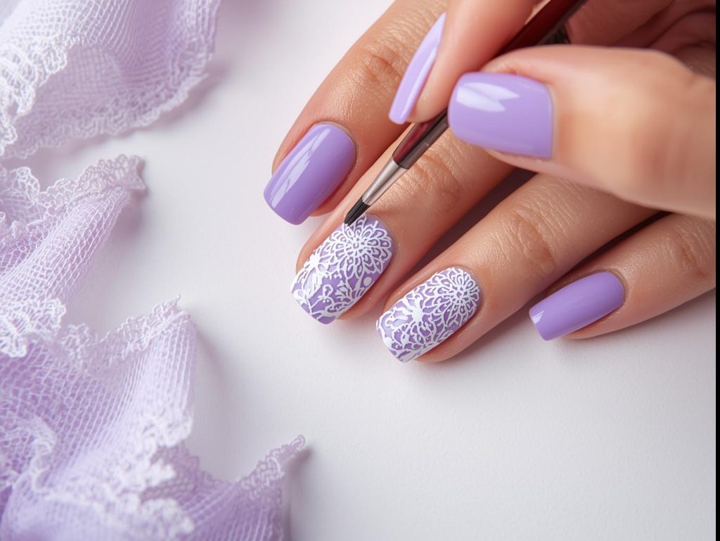 Lavender Nail Designs: Dreamy and Pinterest-Worthy Manicures to Adore 10 Creating bold lavender floral lace nail art with white patterns.