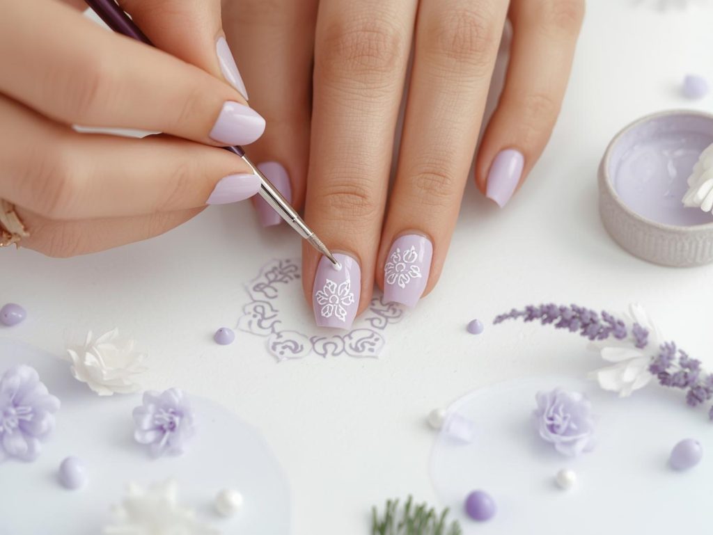 Soft Girl Nail Designs: Dreamy and Pinterest-Worthy Manicures to Adore 10 Creating soft lavender white floral doodle nail art with white patterns.