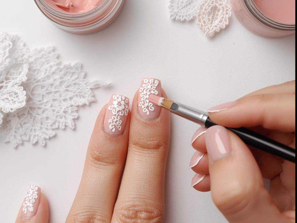 Creating vibrant blush lace nail art with white patterns.