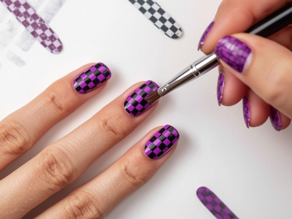  Creating neon purple black checkered nail art with black patterns.
