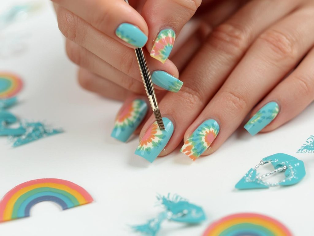 Festival Nail Designs: Vibrant and Pinterest-Worthy Manicures to Adore 10 Creating vibrant turquoise rainbow tie-dye nail art with rainbow patterns.