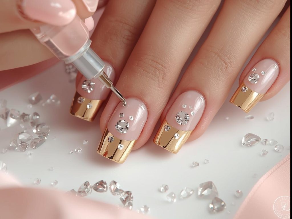 Creating gold French tip nail art with crystal embellishments.