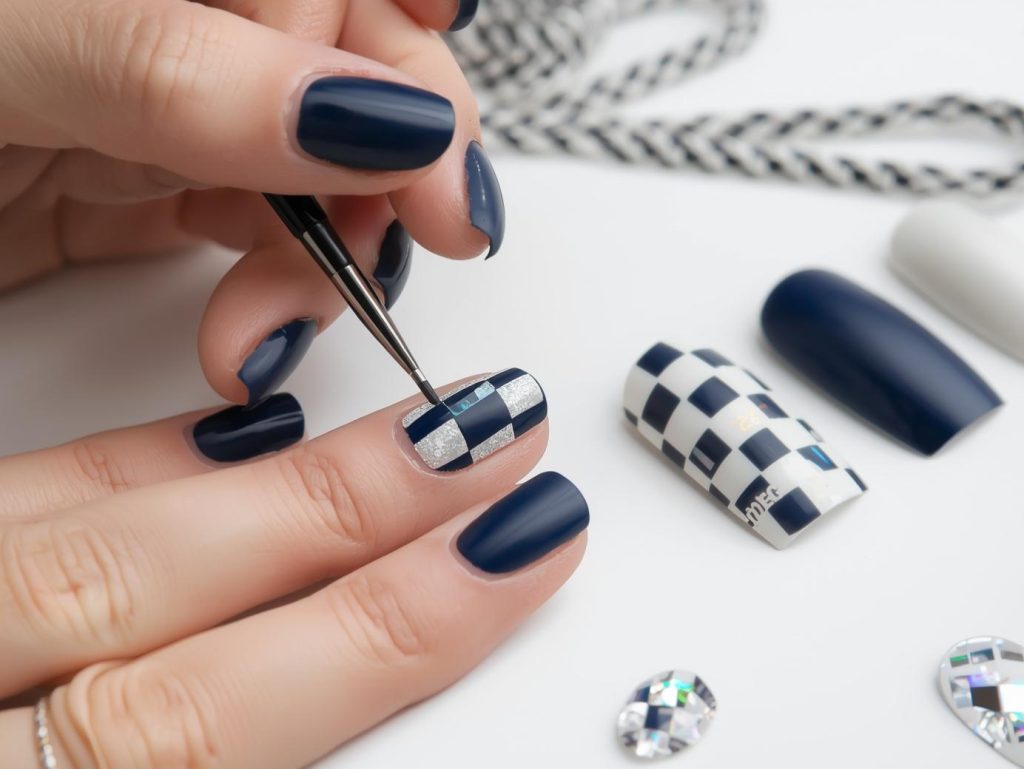 Creating matte navy and ivory checkerboard nail art with holographic patterns.