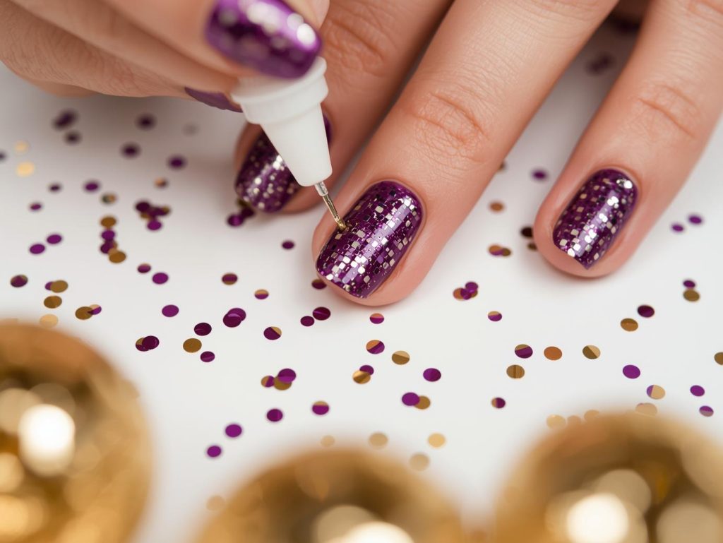 Party Nail Designs: Bold and Pinterest-Worthy Manicures to Adore 10 Creating deep violet gold foil disco ball nail art with gold foil.