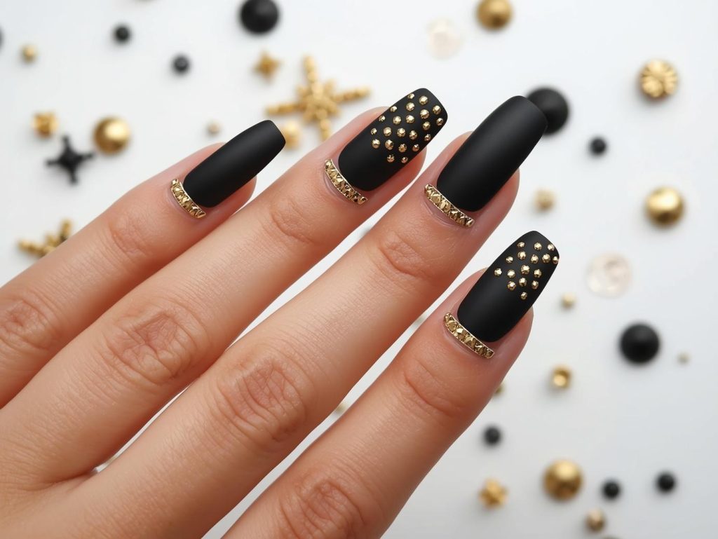 Creating matte black gold stud nail art with gold studs