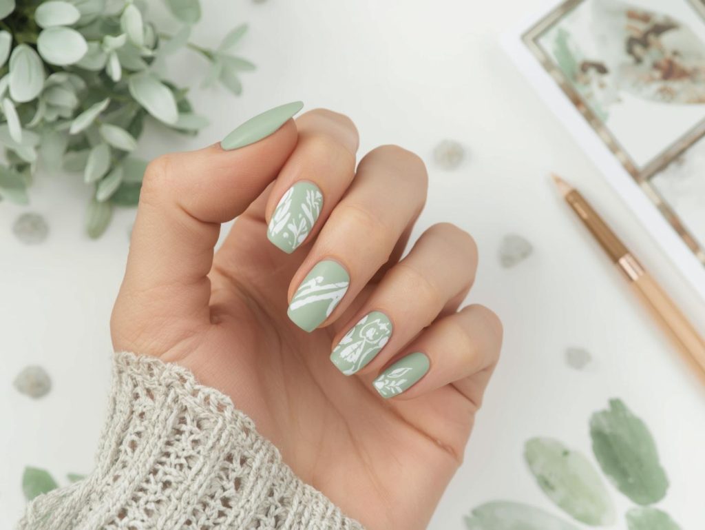 Watercolor Nail Designs: Dreamy and Pinterest-Worthy Manicures to Adore 10 Creating matte sage green white watercolor nail art with white watercolor accents.