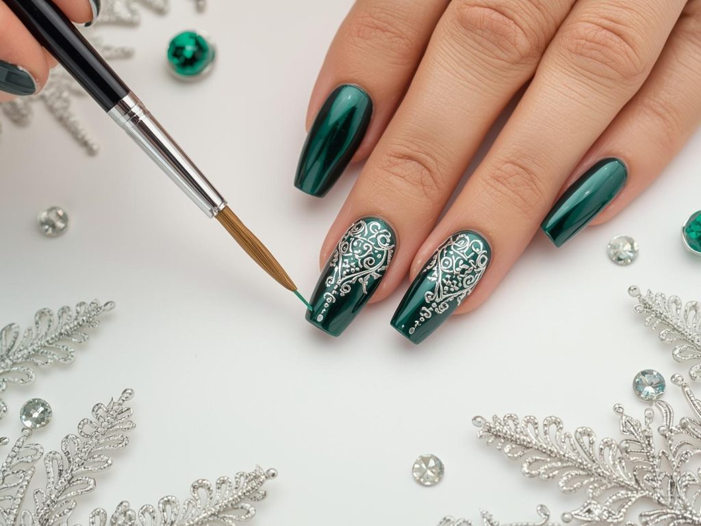 Creating deep emerald silver filigree nail art with silver patterns.