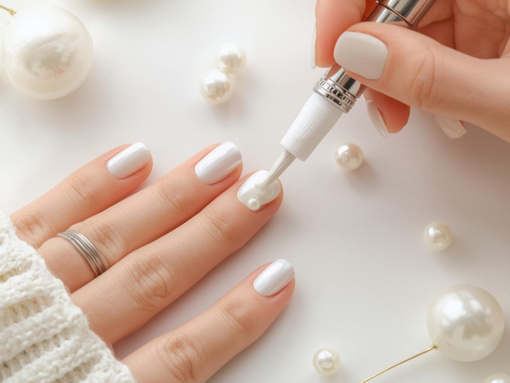 Creating classic white pearl embellishment nail art with pearl accents.