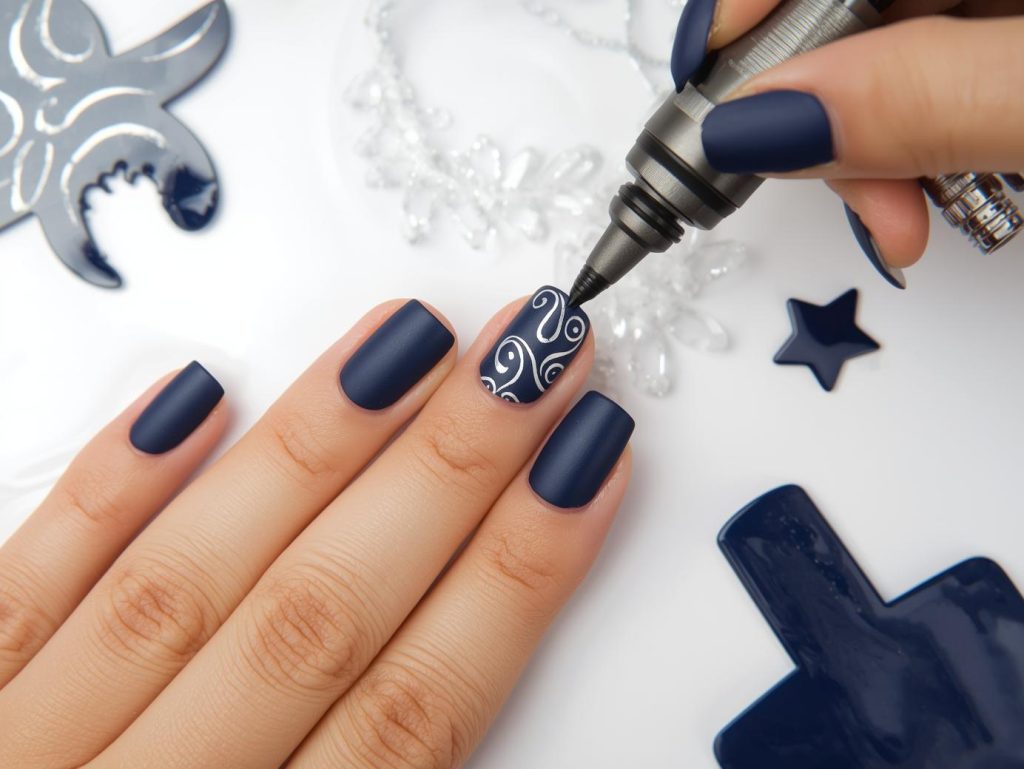 Creating matte navy silver airbrush nail art with silver airbrushed patterns.