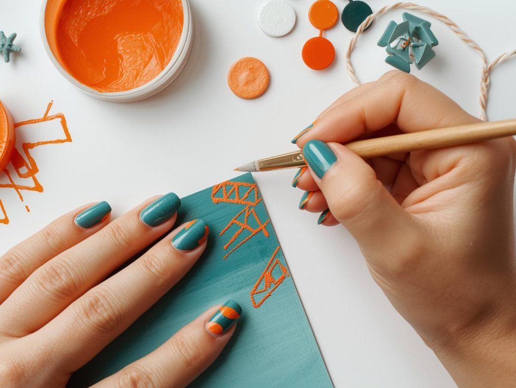 Creating teal orange geometric nail art with orange shapes.