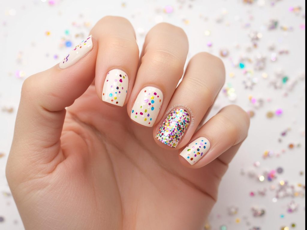  Creating creamy white rainbow glitter confetti accent nail art with rainbow polish.
