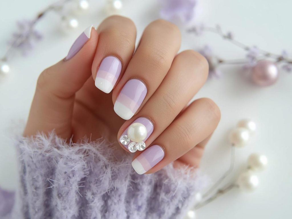 Creating soft lavender ombre nail art with pearl details.