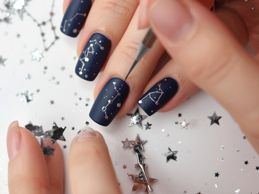 Creating matte navy silver constellation decal nail art with silver constellation decals.