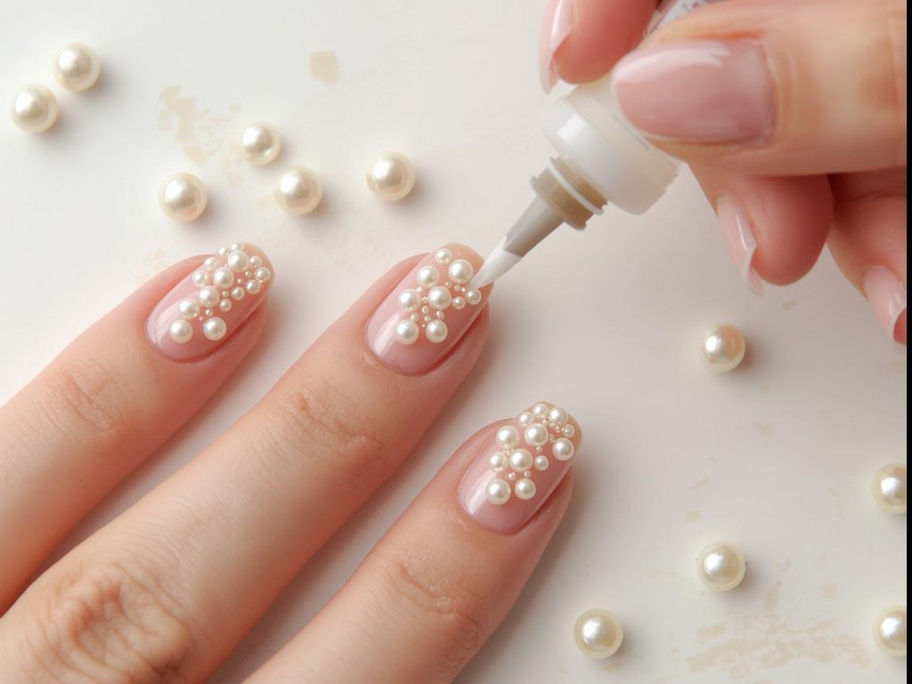Creating delicate pearl bead accent pearl nails with nude polish and beads