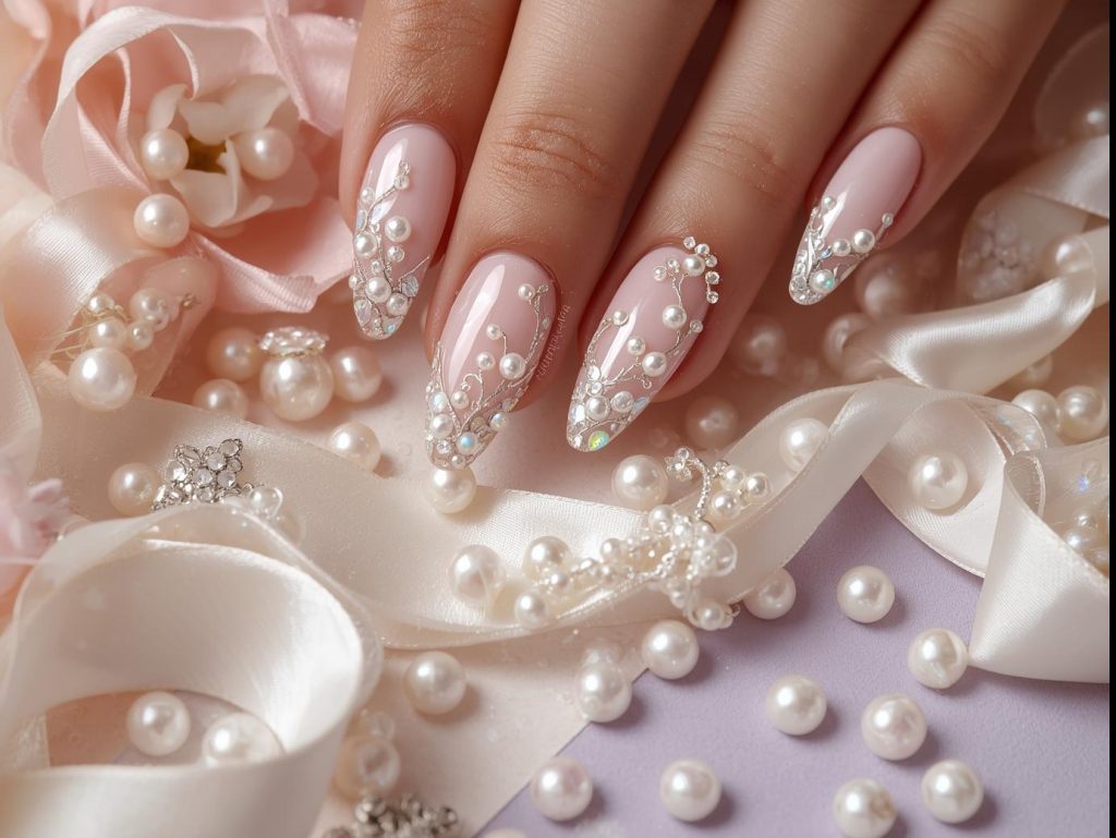 Pearl nail designs with shimmer tips, pearl inlays, bead accents, and opalescent swirls for captivating Pinterest inspiration.