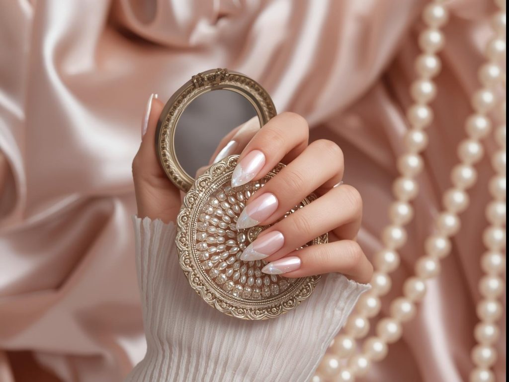 Luminous pearl shimmer tip nail design with soft pink base on a Pinterest board.