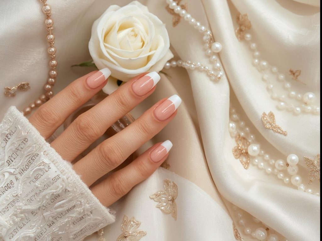 Classic white French tip nail design with crisp white tips on a Pinterest board