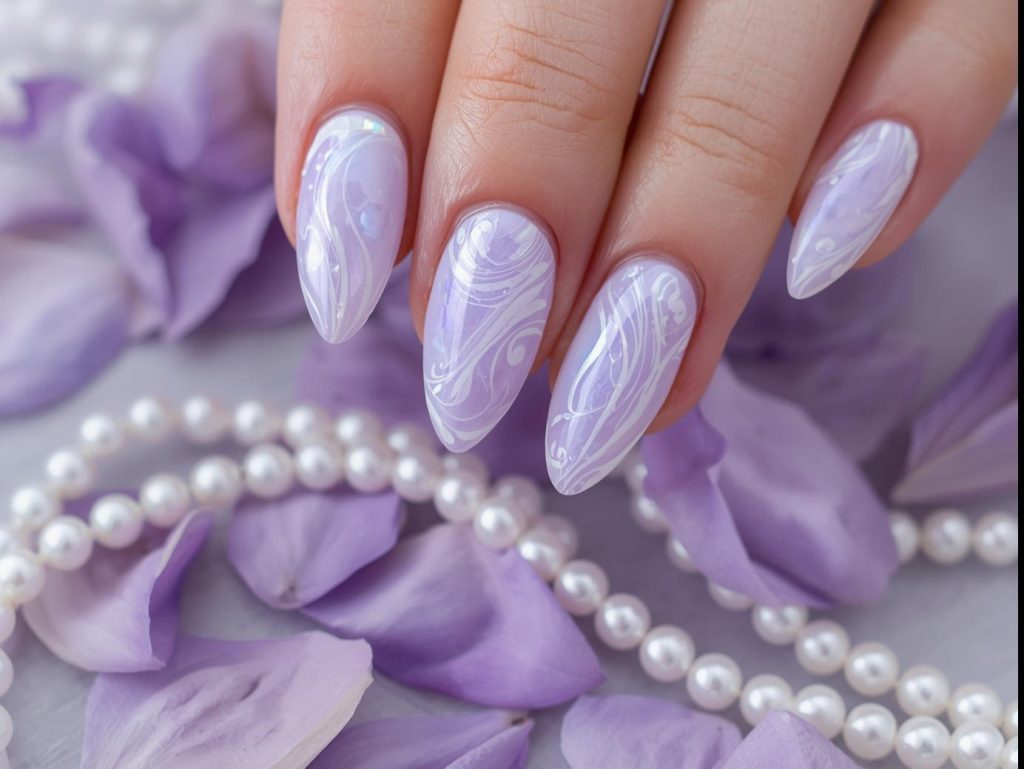 Opalescent pearl swirl pearl nails with pale lavender base
