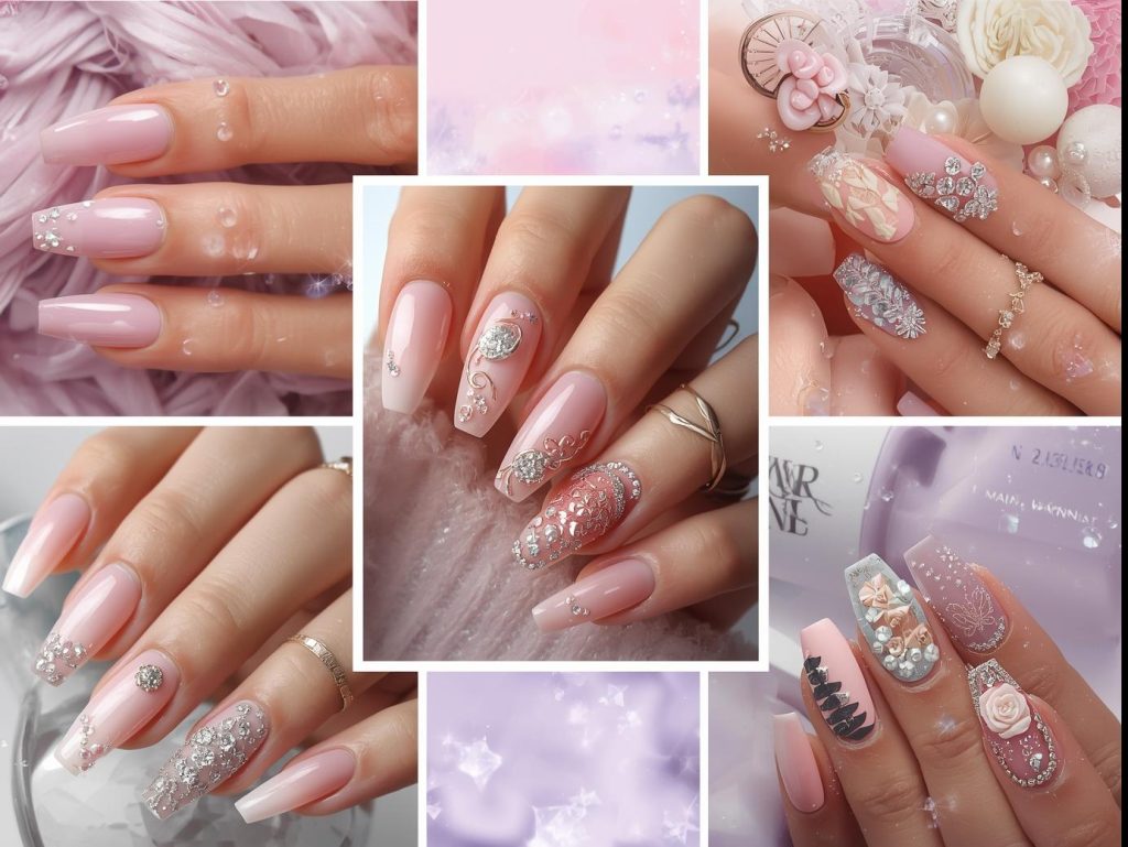 Collage of elegant 3D nail art designs featuring gem accents, textured nail polish, and glossy finishes on a soft pastel background, perfect for Pinterest beauty inspiration