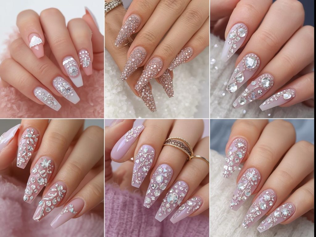 Collage of luxurious rhinestone nail art with sparkling gems and glossy finishes on elegant manicures, designed for Pinterest beauty inspiration.