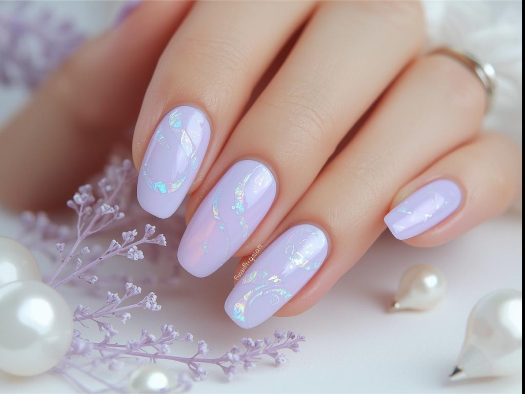 Creating opalescent pearl swirl pearl nails with lavender polish and swirls.