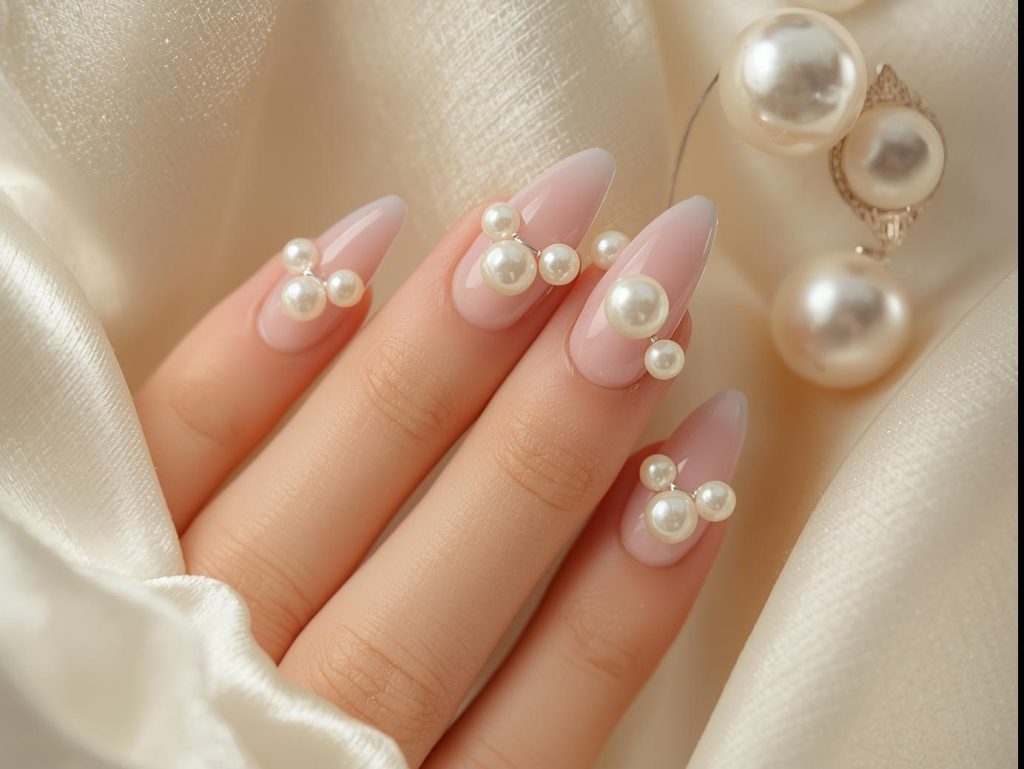 Delicate pearl bead accent pearl nails with glossy nude base
