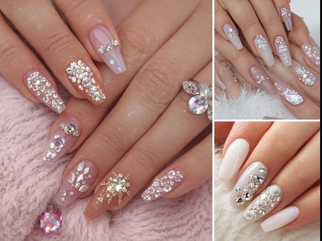 Collage of stunning crystal nail designs featuring sparkling gems, glossy finishes, and elegant manicure styles on a soft pastel background, ideal for Pinterest beauty inspiration