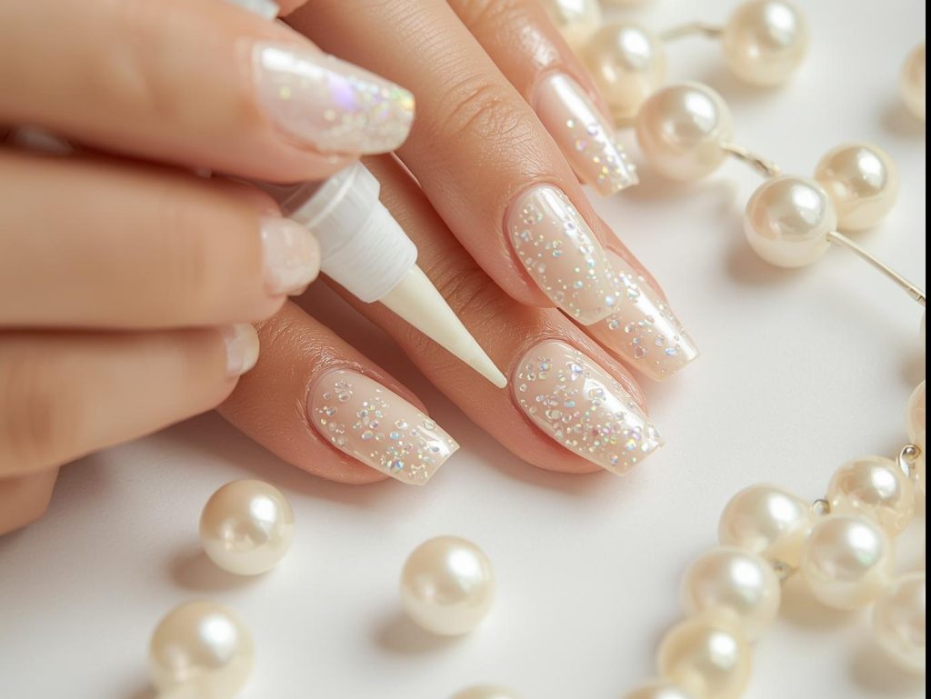 Creating iridescent pearl inlay pearl nails with ivory polish and inlays