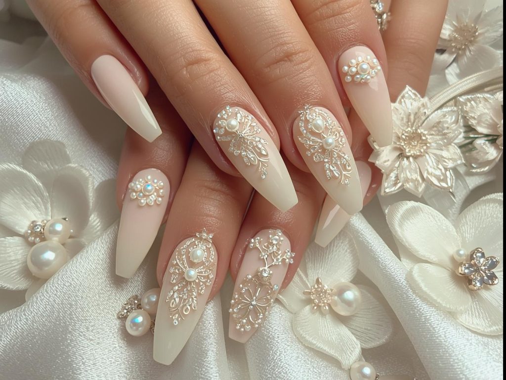  Iridescent pearl inlay pearl nails with creamy ivory base.