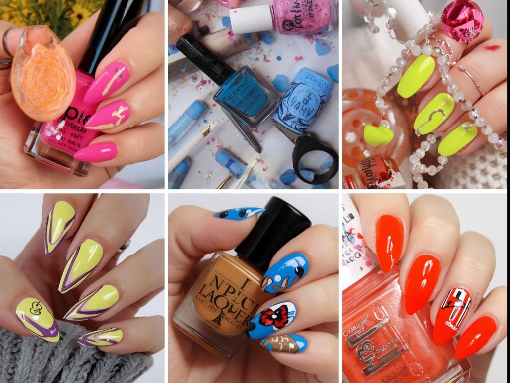 "Colorful nail designs in bold neon shades with glossy finishes and fun patterns, styled with nail polish bottles and manicure tools for a vibrant Pinterest look."