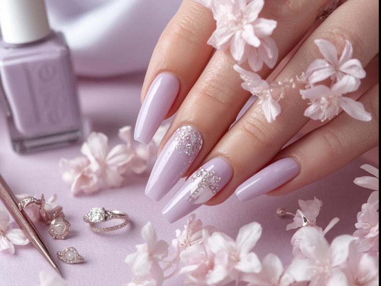 "Lavender nail designs in pastel shades with floral art, glitter, and ombré accents, styled with nail polish bottles, flowers, and jewelry for a dreamy Pinterest aesthetic."