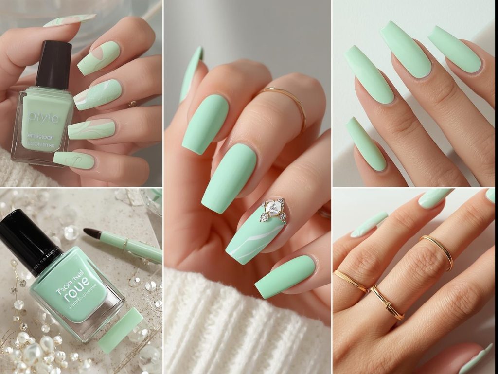 "Mint green nail designs with glossy and matte finishes, marble and glitter accents, styled with nail polish bottles and delicate jewelry for a fresh Pinterest aesthetic."