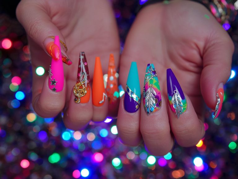 Party nail designs with black sequin accents, silver holographic confetti, gold foil disco ball patterns, and crystal rhinestone embellishments for captivating Pinterest inspiration.
