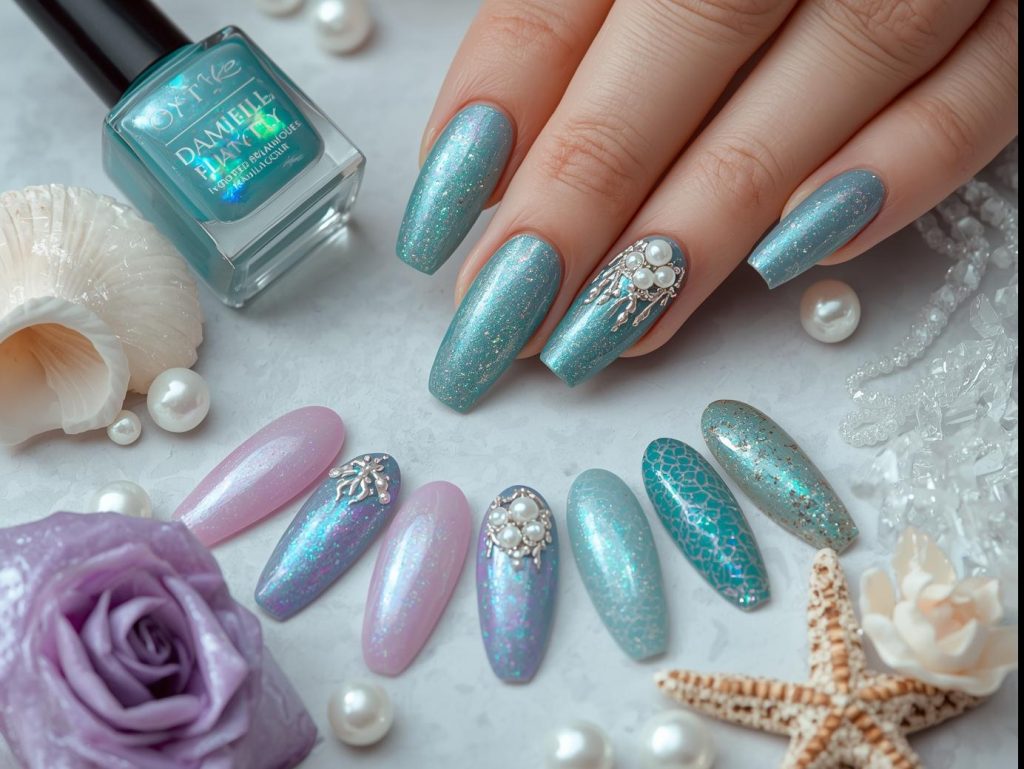 "Mermaid nail designs with shimmering turquoise, lavender, and seafoam green colors, pearl accents, seashell details, and glitter, styled with seashells and pearls for a magical Pinterest look."