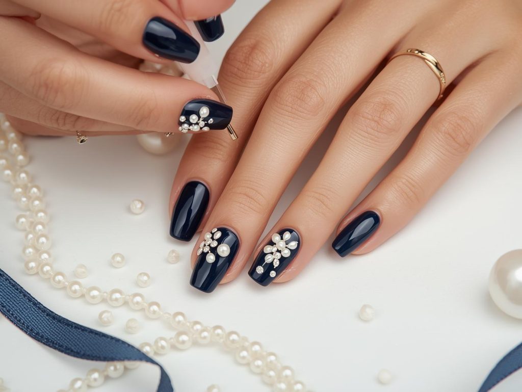 Classy Nail Designs: Elegant and Pinterest-Worthy Manicures to Adore 10 Creating deep navy pearl embellishment nail art with pearl accents.